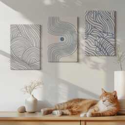 Canvas Set Of 3 Wall Art - Decorative Lines Wave Shapes, Blue Photo Print, Abstract Decor - thumbnail 3