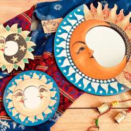 Wooden Wall Mirror Set Of Three, Sun, Crescent Moon & Stars, Round Handmade Home Decor Hanging Mirrors, Fair Trade, Ethically Sourced - thumbnail 3