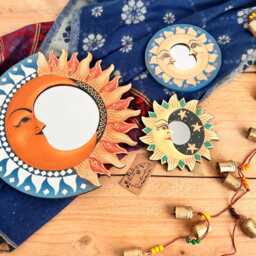 Wooden Wall Mirror Set Of Three, Sun, Crescent Moon & Stars, Round Handmade Home Decor Hanging Mirrors, Fair Trade, Ethically Sourced - thumbnail 2