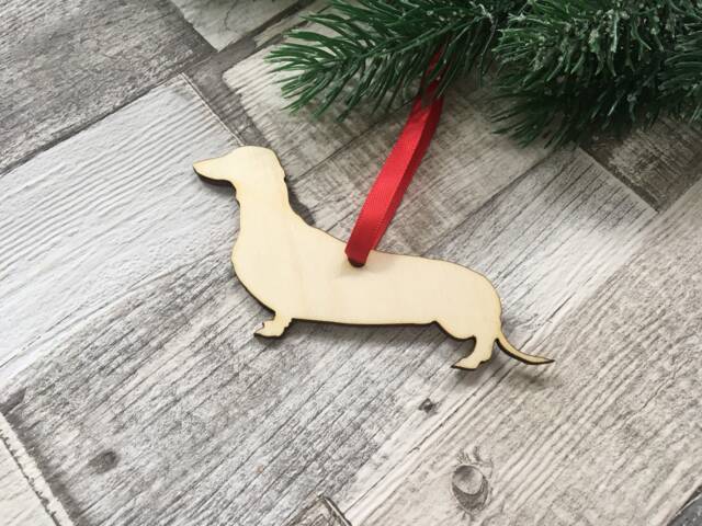 Personalized Daschund Christmas Ornament, Laser Cut Wooden Sausage Dog Decor - image 1