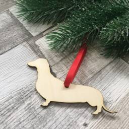 Personalized Daschund Christmas Ornament, Laser Cut Wooden Sausage Dog Decor - thumbnail 2