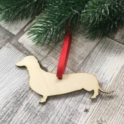 Personalized Daschund Christmas Ornament, Laser Cut Wooden Sausage Dog Decor - thumbnail 3