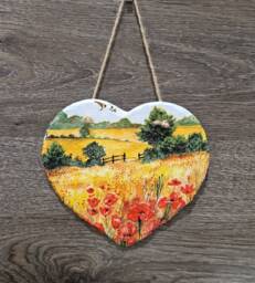 Poppy Meadow Slate Heart Plaque Decoupage Flower Wall Hanging - 15cm