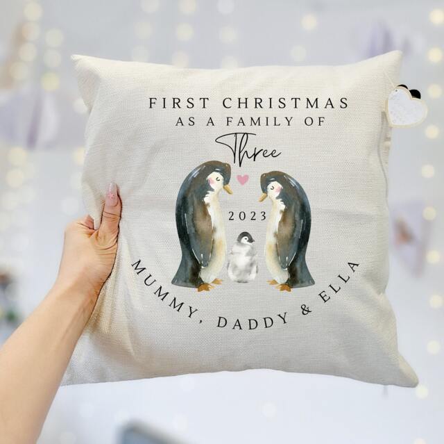 Personalised Cushion, New Baby Gift, Family Cushion Cover , Christmas Decor, Home Gifts, Penguin - image 1