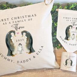 Personalised Cushion, New Baby Gift, Family Cushion Cover , Christmas Decor, Home Gifts, Penguin - thumbnail 3