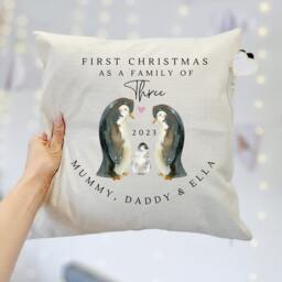 Personalised Cushion, New Baby Gift, Family Cushion Cover , Christmas Decor, Home Gifts, Penguin - thumbnail 4