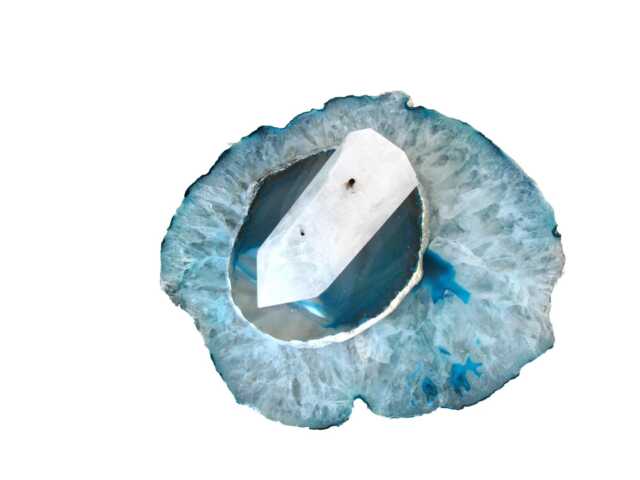 Large Teal White Crystals Agate Tealight Candle Holder - Lid Topped With Tourmilated Quartz Obelisk - image 1