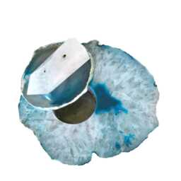 Large Teal White Crystals Agate Tealight Candle Holder - Lid Topped With Tourmilated Quartz Obelisk - thumbnail 3