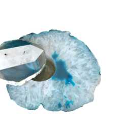 Large Teal White Crystals Agate Tealight Candle Holder - Lid Topped With Tourmilated Quartz Obelisk - thumbnail 2