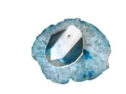 Large Teal White Crystals Agate Tealight Candle Holder - Lid Topped With Tourmilated Quartz Obelisk