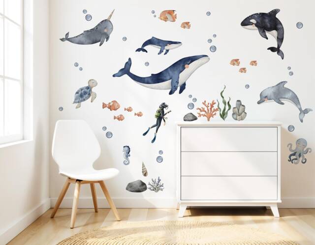 Ocean Animal Wall Decals, Sea Life Stickers, Watercolor Nursery Decor, Boy's Room Kids Art, Whale Decal - image 1