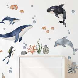 Ocean Animal Wall Decals, Sea Life Stickers, Watercolor Nursery Decor, Boy's Room Kids Art, Whale Decal - thumbnail 4