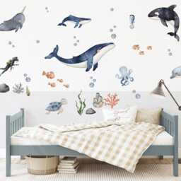Ocean Animal Wall Decals, Sea Life Stickers, Watercolor Nursery Decor, Boy's Room Kids Art, Whale Decal - thumbnail 3