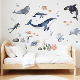 Ocean Animal Wall Decals, Sea Life Stickers, Watercolor Nursery Decor, Boy's Room Kids Art, Whale Decal - thumbnail 2