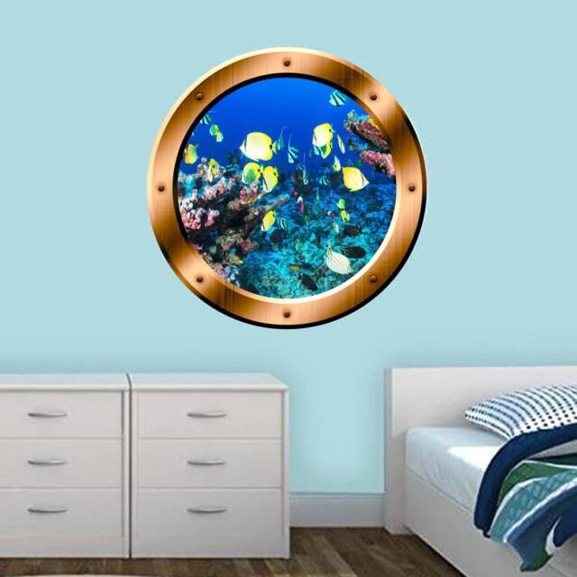 Underwater Fish 3D Porthole Vinyl Scenery Decal Family Wall Art Window Bronze Portal Home Decor - Vwaq Bp16 - image 1