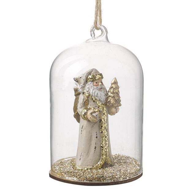 Traditional Santa in Glass Dome With Gold Glitter Christmas Tree Hanging Decoration - White Classy Saint Nicholas Gift Family Friends