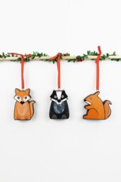 Handmade Wooden Animal Christmas Ornament Fox, Badger, Squirrel