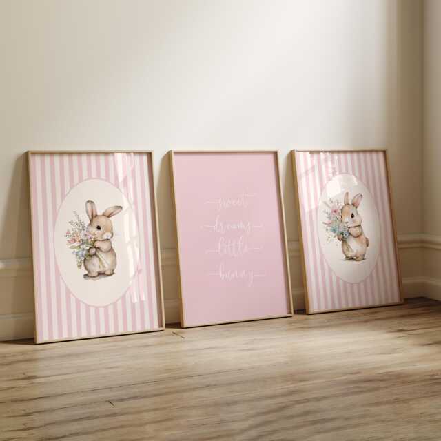 Pink Bunny Set Of 3 Nursery Prints For Baby Girls Room, Girl Bedroom Prints, Decor Wall Art - image 1