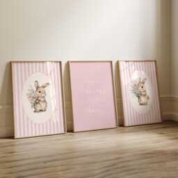 Pink Bunny Set Of 3 Nursery Prints For Baby Girls Room, Girl Bedroom Prints, Decor Wall Art - thumbnail 1