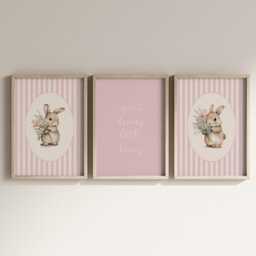 Pink Bunny Set Of 3 Nursery Prints For Baby Girls Room, Girl Bedroom Prints, Decor Wall Art - thumbnail 3