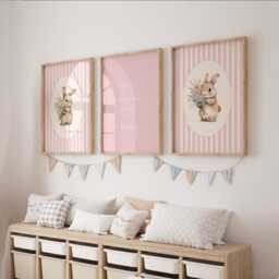 Pink Bunny Set Of 3 Nursery Prints For Baby Girls Room, Girl Bedroom Prints, Decor Wall Art - thumbnail 2