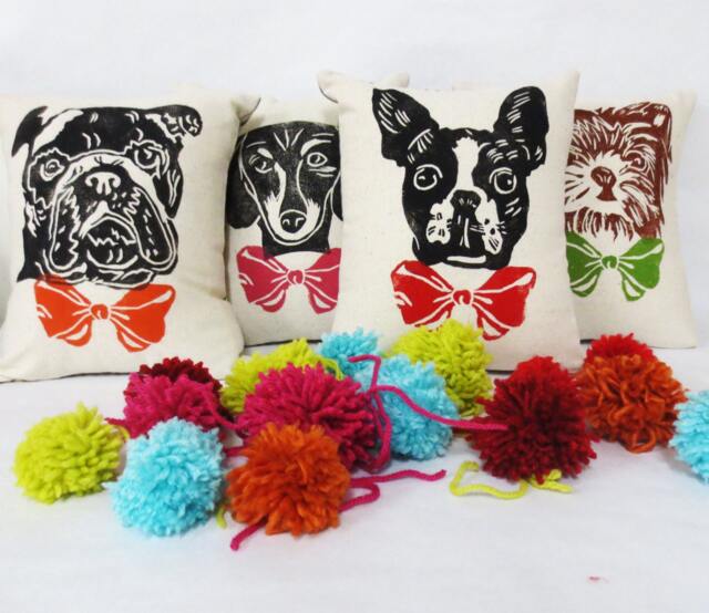 Dog Face Pillow Hand-Printed Bow Tie Accent - image 1