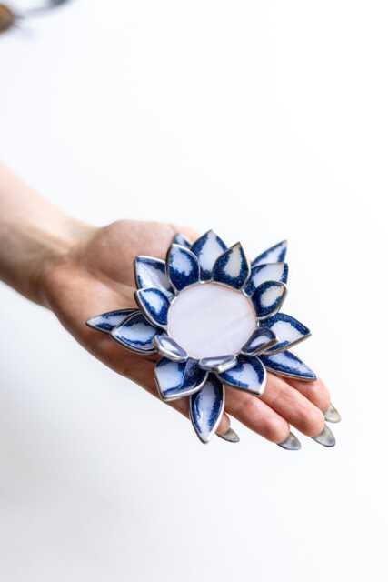 Blue Stained Glass Candle Holder Lotus - Tea Light Spiritual Home Decor Gift For Her Jewelry Dish - image 1