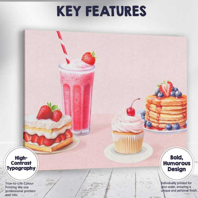 Pink Strawberry Dessert Smoothie Cupcake Pancake Kitchen Canvas Wall Art Print Decor Picture Ready To Hang - image 1