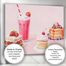 Pink Strawberry Dessert Smoothie Cupcake Pancake Kitchen Canvas Wall Art Print Decor Picture Ready To Hang - thumbnail 3