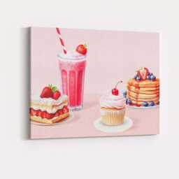 Pink Strawberry Dessert Smoothie Cupcake Pancake Kitchen Canvas Wall Art Print Decor Picture Ready To Hang - thumbnail 4