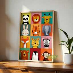 Cute Animal Faces Wall Art, Safari Zoo Nursery Print, Colorful Kids Room Decor, Baby Shower Gift, Fun Playroom Artwork, Jungle Poster - thumbnail 3