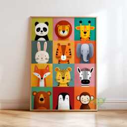 Cute Animal Faces Wall Art, Safari Zoo Nursery Print, Colorful Kids Room Decor, Baby Shower Gift, Fun Playroom Artwork, Jungle Poster - thumbnail 1