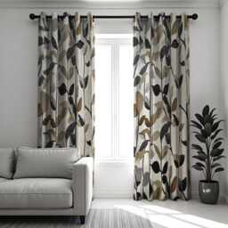 Neutral Leaf Print Curtains, Botanical Beige & Black Drapes, Nature Inspired Made To Measure Panels For Living Room, Modern Window Decor - thumbnail 2
