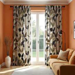 Neutral Leaf Print Curtains, Botanical Beige & Black Drapes, Nature Inspired Made To Measure Panels For Living Room, Modern Window Decor