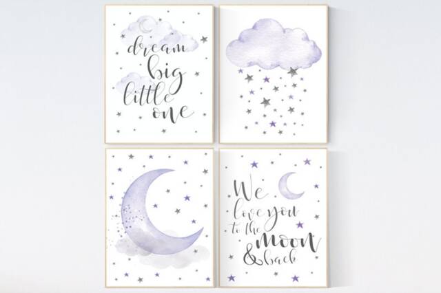 Purple Nursery Wall Art Moon, Stars, Clouds Print - image 1