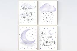 Purple Nursery Wall Art Moon, Stars, Clouds Print - thumbnail 1