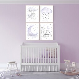 Purple Nursery Wall Art Moon, Stars, Clouds Print - thumbnail 2