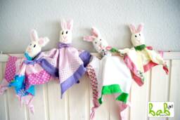 Comforter, Cuddly Toy, Toy With Bunny For Babies, Girls in Pink/Purple/Green. Handmade By Bab-Berlin