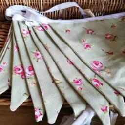 Floral Fabric Bunting. Green Background With Pink Rosebud Design - thumbnail 2