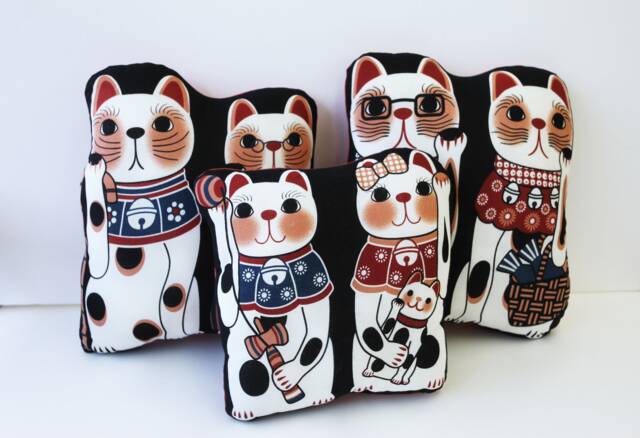 Maneki Neko Cat Throw Pillow Set, Lucky Japanese Pillow, Lovers Gift, Miniature Doll, Staffed Cat, Tenugui Fabric - image 1