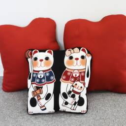 Maneki Neko Cat Throw Pillow Set, Lucky Japanese Pillow, Lovers Gift, Miniature Doll, Staffed Cat, Tenugui Fabric - thumbnail 2