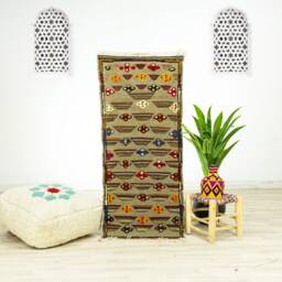 Brown Moroccan Kilim Rug Geometric Wool Flatweave Rug