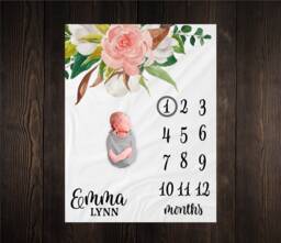 Cotton Floral Milestone Blanket Personalized Monthly Growth Tracker Custom Baby Shower Gift Watercolor Pink Rustic Newborn - thumbnail 1