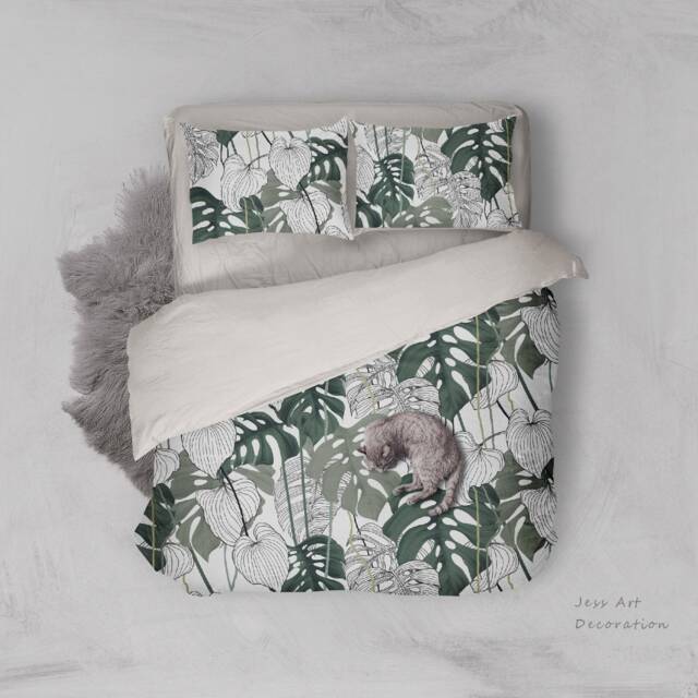 3D Monstera Leaf Duvet Cover Set, Tropical Green Bedding - image 1