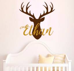 Deer Head Decal Personalized Name Wall Boy Vinyl Antler Merry Christmas Nursery Bedroom S24 - thumbnail 1