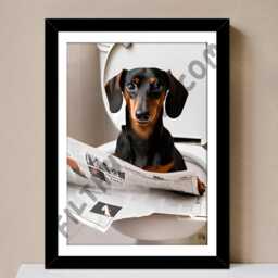 Funny Dachshund Bathroom Print, Dog On Toilet With Newspaper - thumbnail 3
