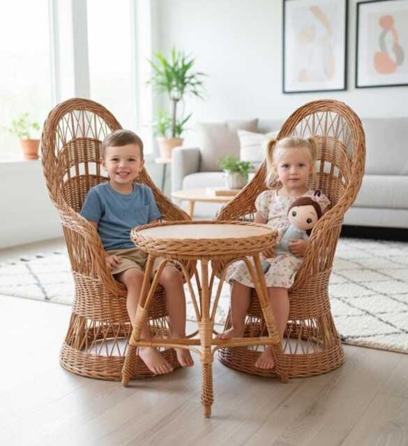 Wicker Table Set, + 2 Chairs, Kids Child Wicker Furniture, Rattan Table, Chair, Nursery Garden Furniture - image 1