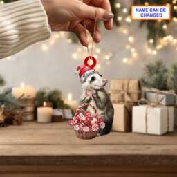 Custom Name Candy Cane Opossum Personalized Ornament, Christmas Tree Decor, Flat 2D Funny Animal Ornament - thumbnail 3