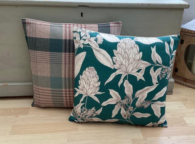 Handmade Tartan Tweed & Country Floral Throw Pillow Cushion Set Teal Wool Effect, 16 - image 1