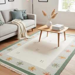 Handmade Scandinavian Kilim Rug Beige & Green Boho Decor - thumbnail 3